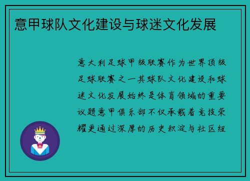 意甲球队文化建设与球迷文化发展